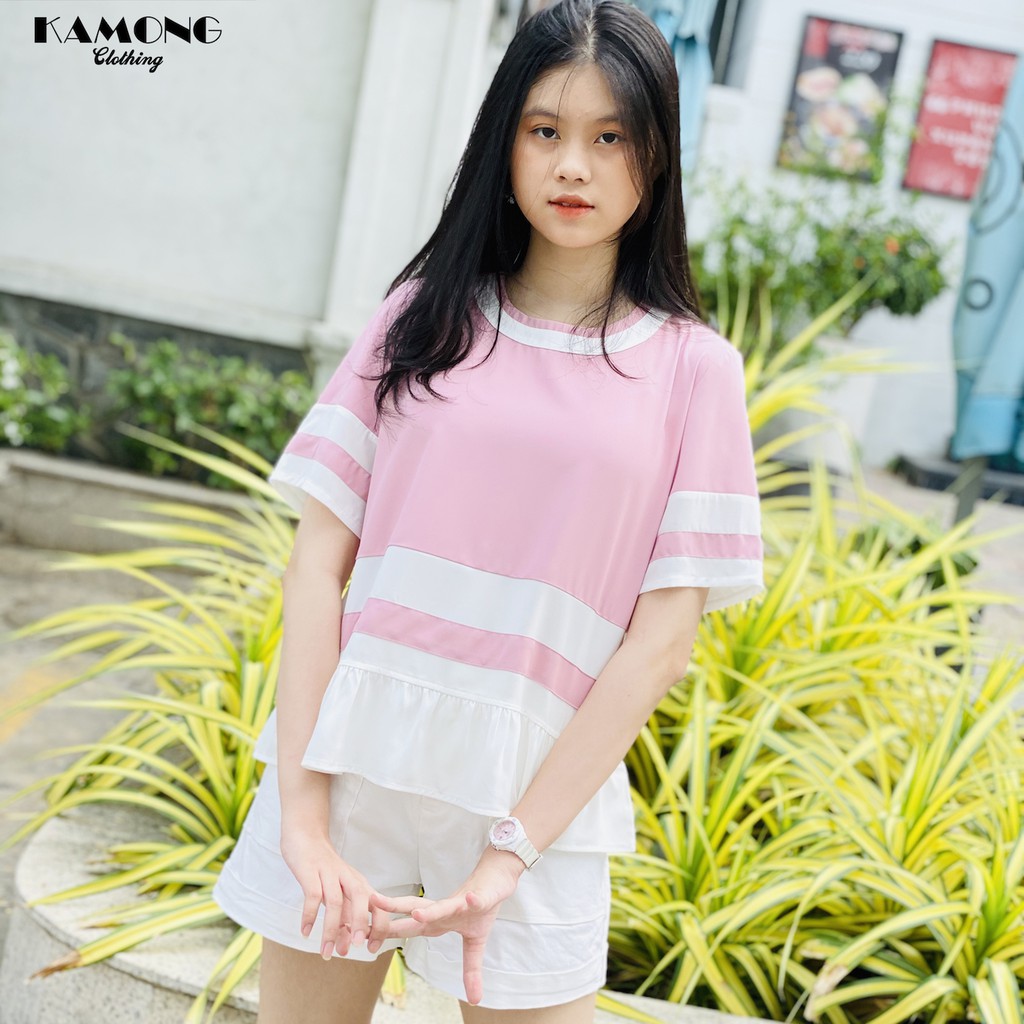 Áo kiểu bèo trắng phối màu KAMONG A016 | BigBuy360 - bigbuy360.vn