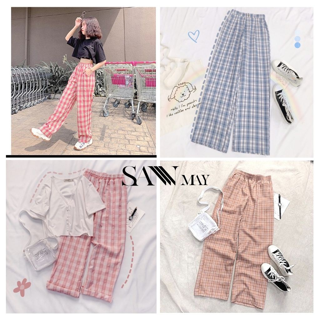 Quần Kẻ Sọc Caro Kẻ Nữ Ống Rộng Lưng Cao Quần Baggy Unisex Dáng Suông Form Dài Cạp Chun Đi Học Đẹp SANMAY QD003 | BigBuy360 - bigbuy360.vn