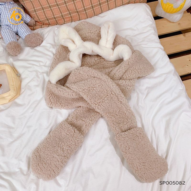 Mũ lông tai thỏ SHOP10K  kèm khăn quàng cổ bao tay 3 trong 1 ấm áp