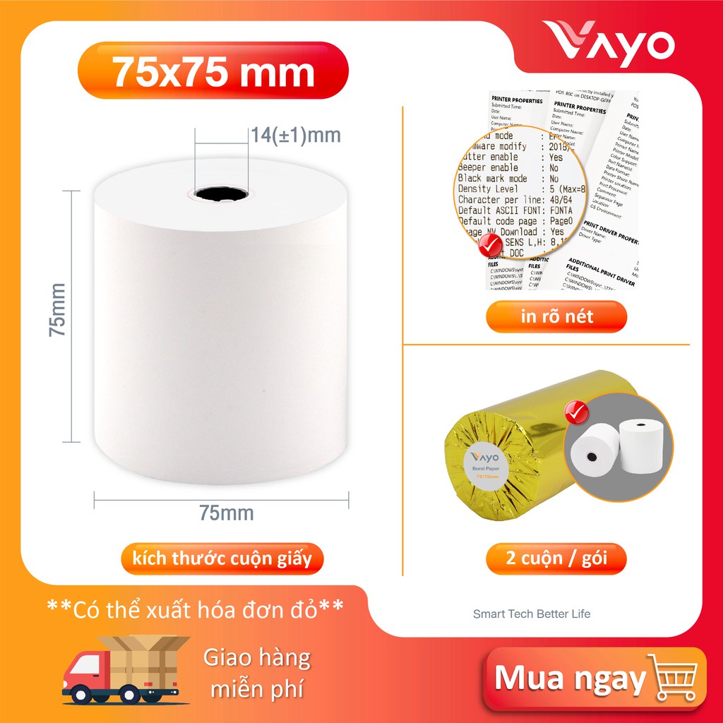 Giấy trái phiếu, giấy Carbonless VAYO kích thước 75mm x 75mm, 65gsm (50 cuộn)