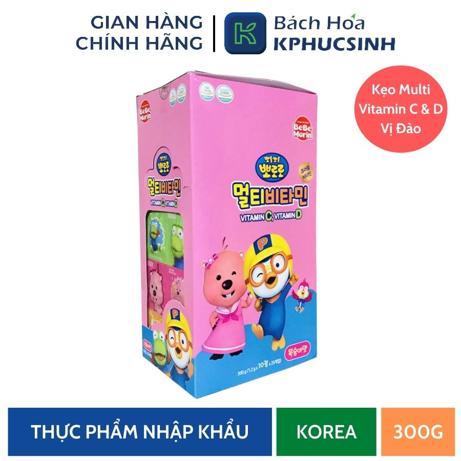 Hộp 25 vĩ kẹo Multivitamin C và D Pororo vị đào 300g KPHUCSINH - Hàng Chính Hãng