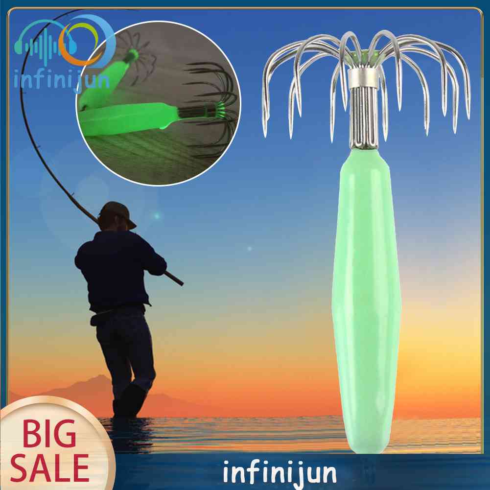 Set 12 Móc Câu Cá Hình Mực Phát Sáng Trong Tối Bằng Nhựa