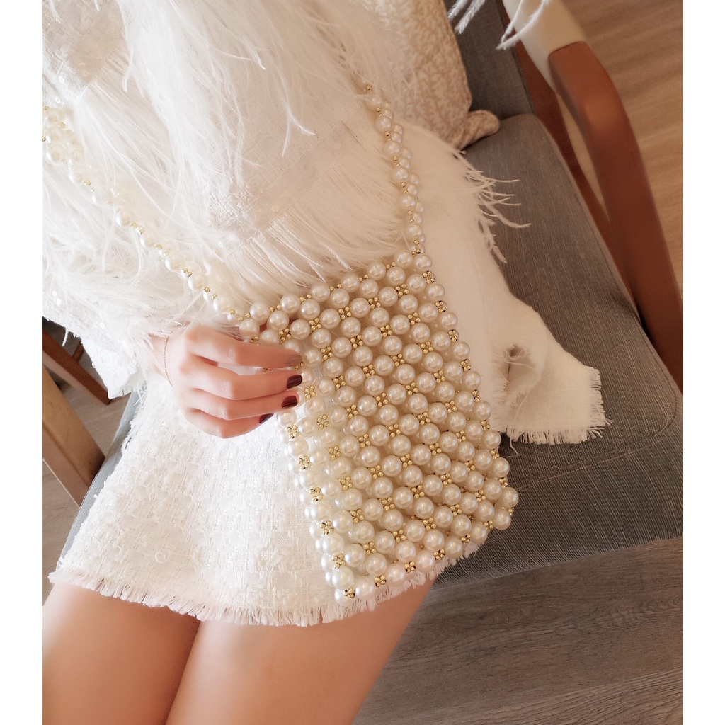 Túi Đeo Chéo JASMIN NOIR Dáng Vuông Nhỏ Đính Ngọc Trai Giả Thời Trang Sang Trọng Cho Nữ