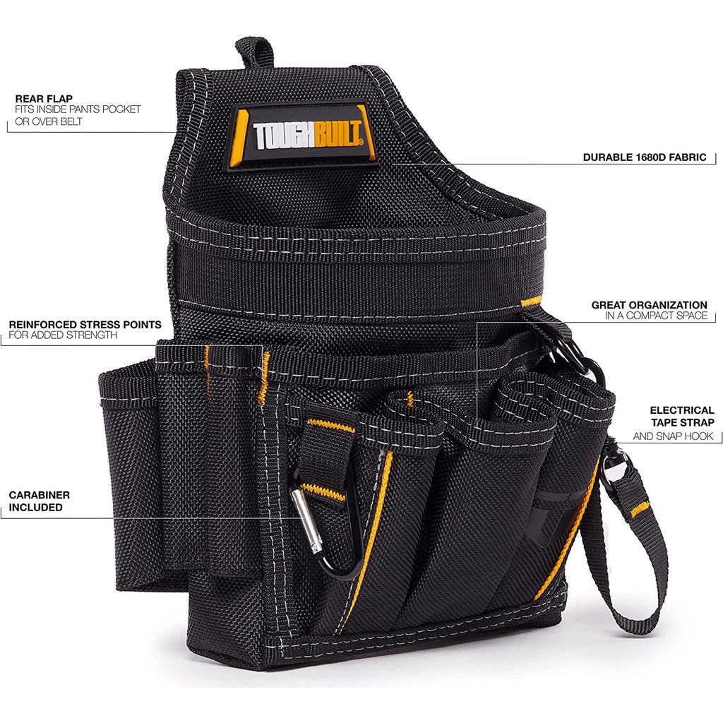 ToughBuilt TB-229  Mini Electrician Pouch 14 Pockets and Loops, Vertical Tool Storage, Electrical Tape Strap and Snap Hook