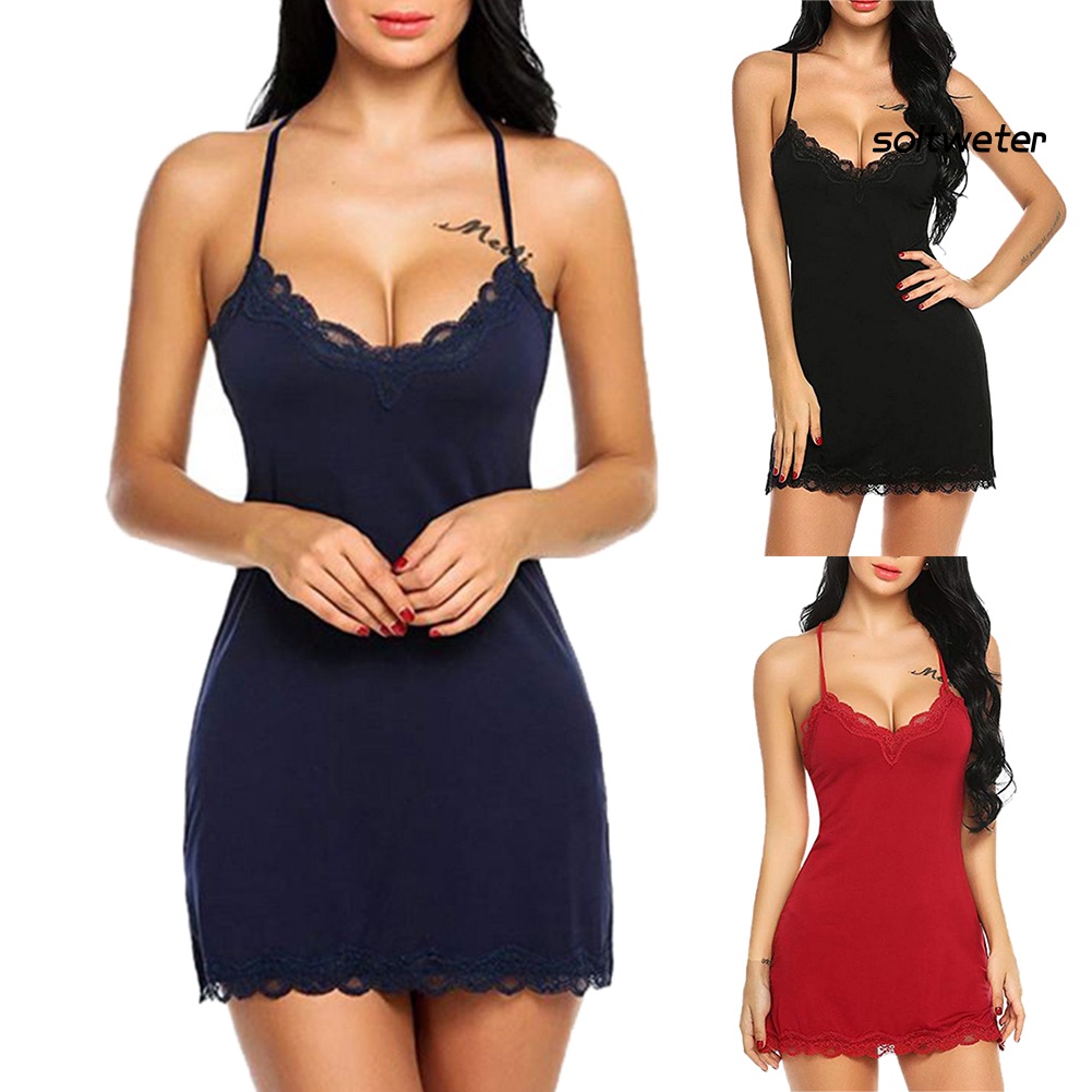 Đầm ngủ mini cổ chữ V màu trơn phối ren plus size quyến rũ cho nữ | BigBuy360 - bigbuy360.vn