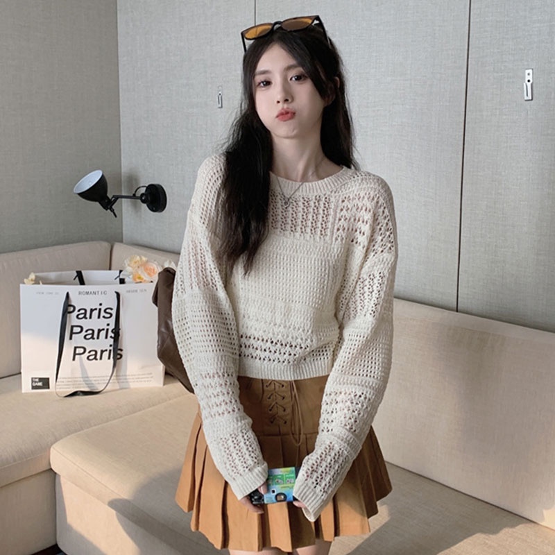 Du YAN Áo sweater Dệt Kim Mỏng Tay Dài Khoét Lỗ Nhẹ Màu Trong Suốt Cho Nữ