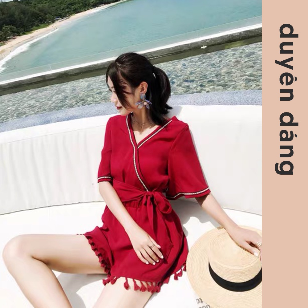 Jumpsuit Hè Buộc Nơ Sau lưng Cổ V/ Bộ Liền Cộc Tay Thời Trang Đi Biển S00129