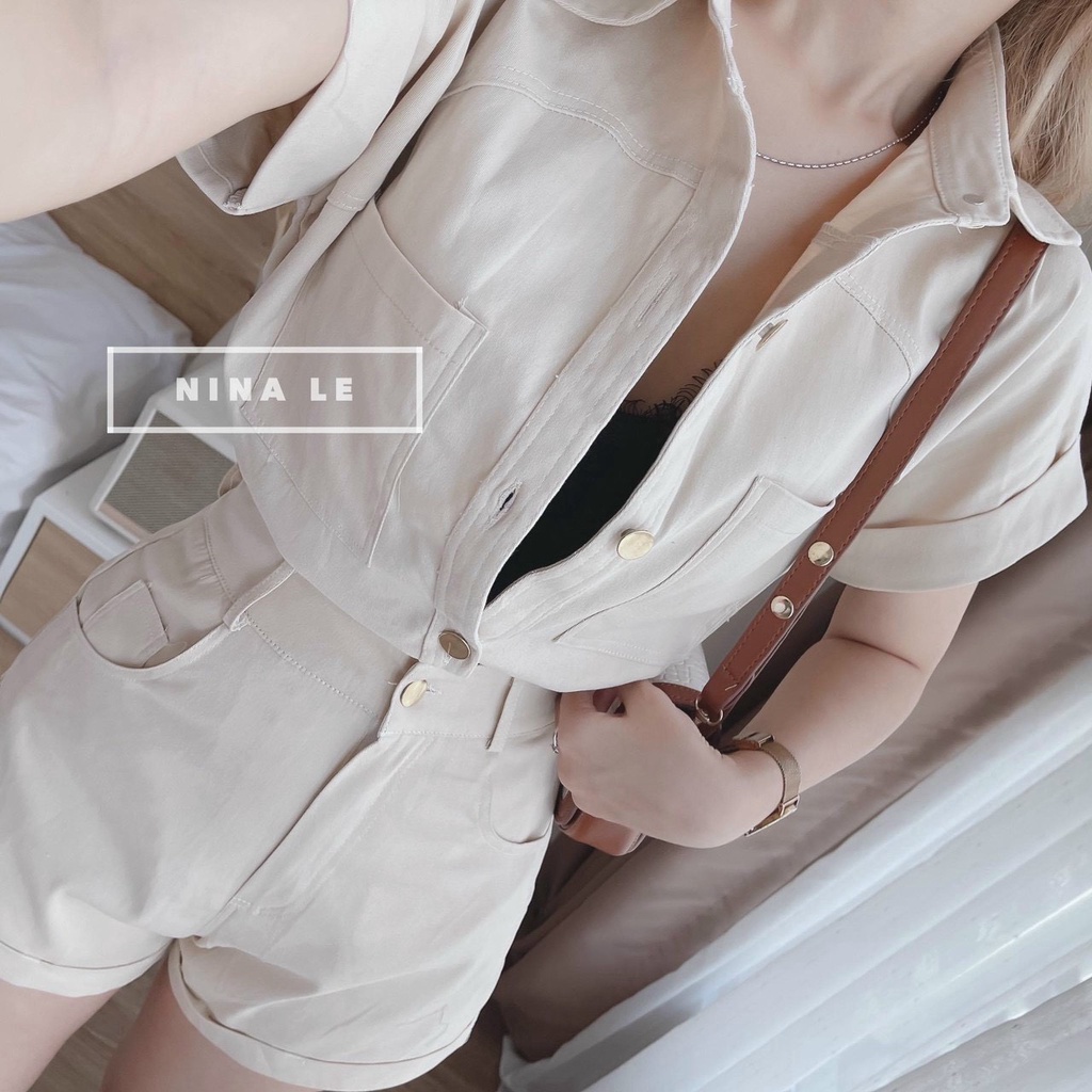 Set Đồ Nữ , Set Áo Sơ Mi Tay Lận Kèm Quần Ngắn Chất Tuyết Mưa Đính Nút Đóng Rất Sang