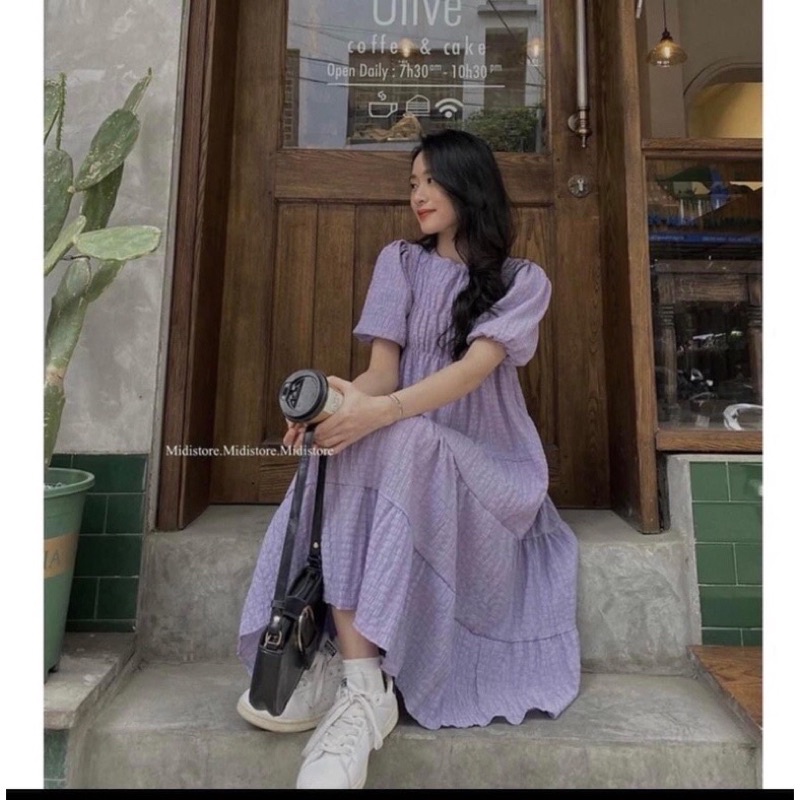 Váy đầm maxi tay bồng nhún ngực chất xốp đi biển