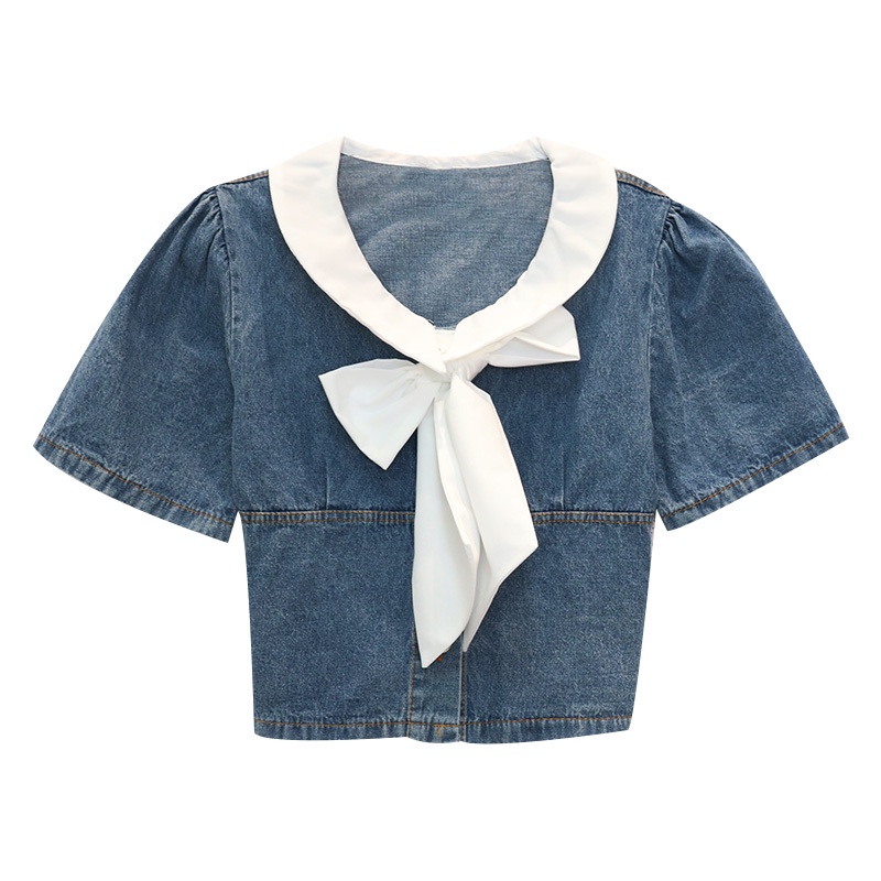 Women's Short Style2021Younger Summer Puff Sleeve Top Doll Collar Korean Style Sense of Design Shirt Denim New