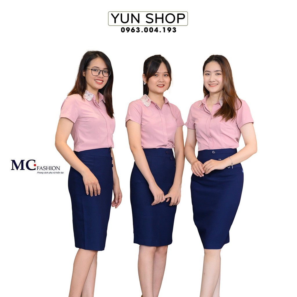 Aó Sơ Mi Nữ, Áo Sơ Mi  Nữ Tay Ngắn Cộc Tay MC Fashion Họa Tiết Cổ Ren Màu Hồng Đỗ A680
