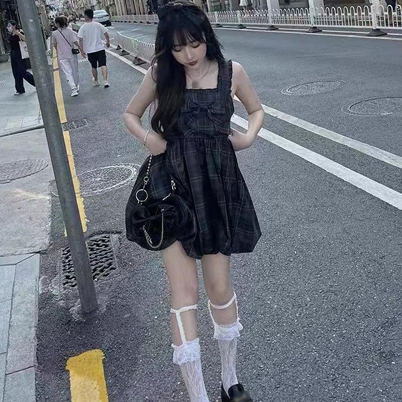 Đầm Mini Dáng Chữ A Không Tay Viền Bèo Nhún Họa Tiết Sọc Caro Phong Cách Lolita