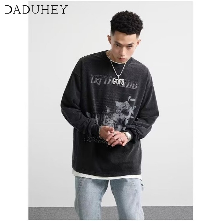 DaDuHey Men's and Women's American-Style Retro Oversize Top Washed Old Floral Long-Sleeved T-shirt
