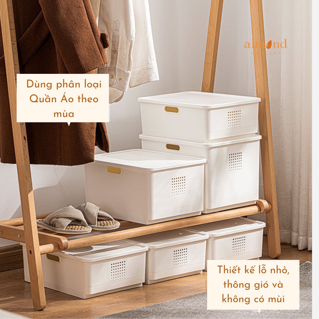 Thùng nhựa đựng đồ nắp có size - Hộp đựng đồ có nắp - Thùng đựng đồ chơi có nắp màu Trắng có họa tiết chấm lỗ nhỏ almond