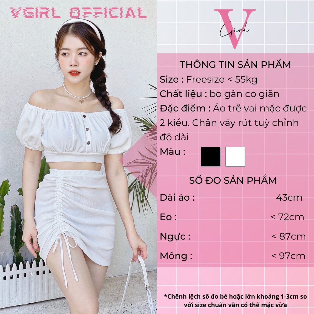 Set áo váy nữ VGIRL croptop trễ vai thân chun phối nút gỗ kèm chân váy lưng cao dây rút 1 bên ôm body [ẢNH ĐỘC QUYỀN]