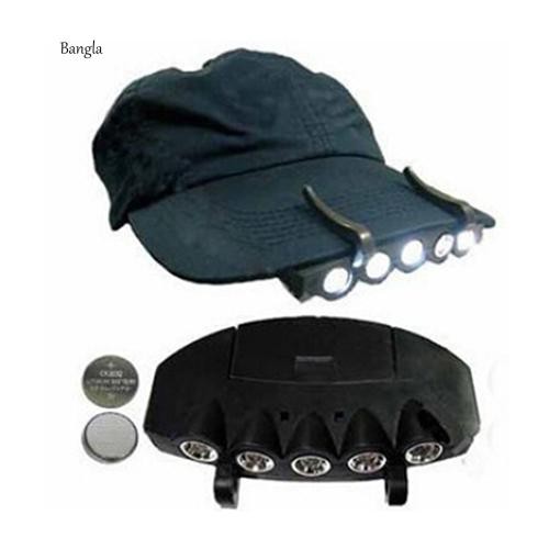 Đèn LED 5 bóng siêu sáng kẹp mũ lưỡi trai dùng khi câu cá kích thước 8.3x2.3cm kèm 2 pin CR2032 tiện lợi