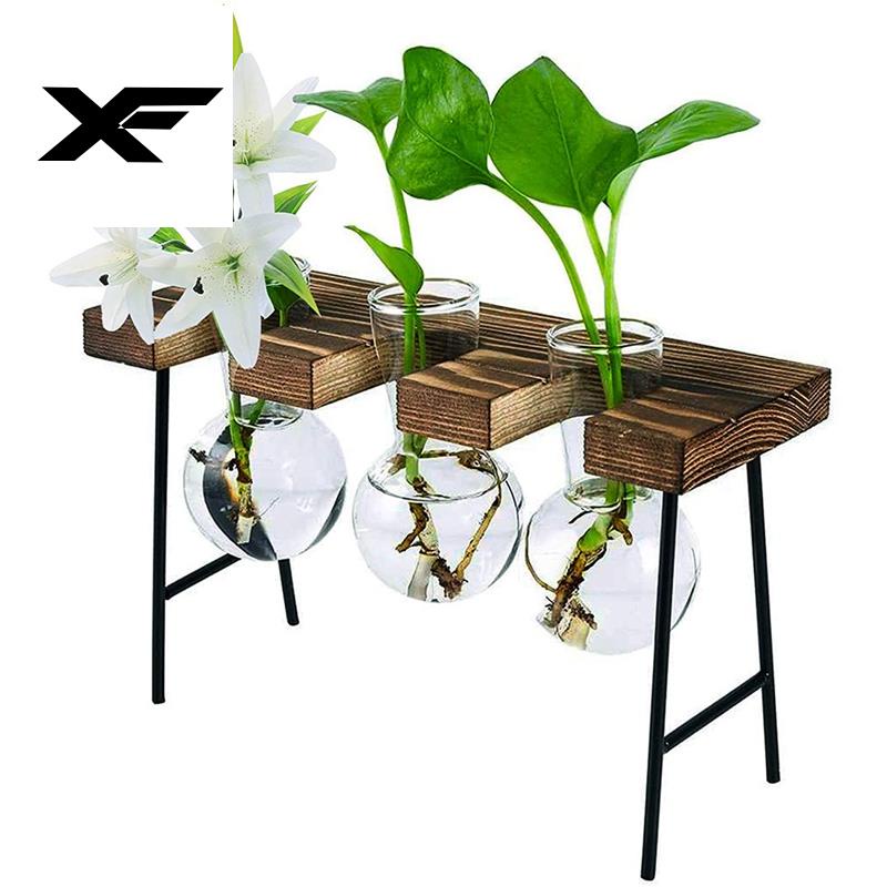 Bộ Chậu Cây Thủy Tinh 3 Bóng Kèm Giá Đỡ Gỗ Để Bàn Trang Trí Nhà Cửa/Văn Phòng