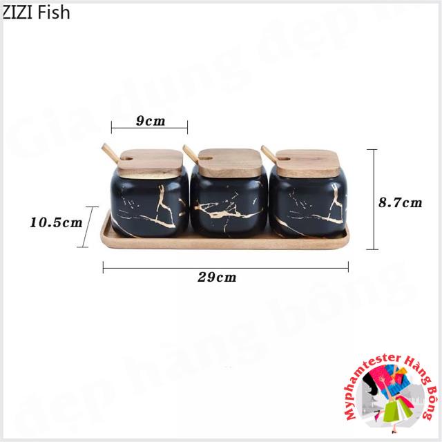 Bộ 3 gia vị sứ giả đá cẩm thạch nắp gỗ sang chảnh
