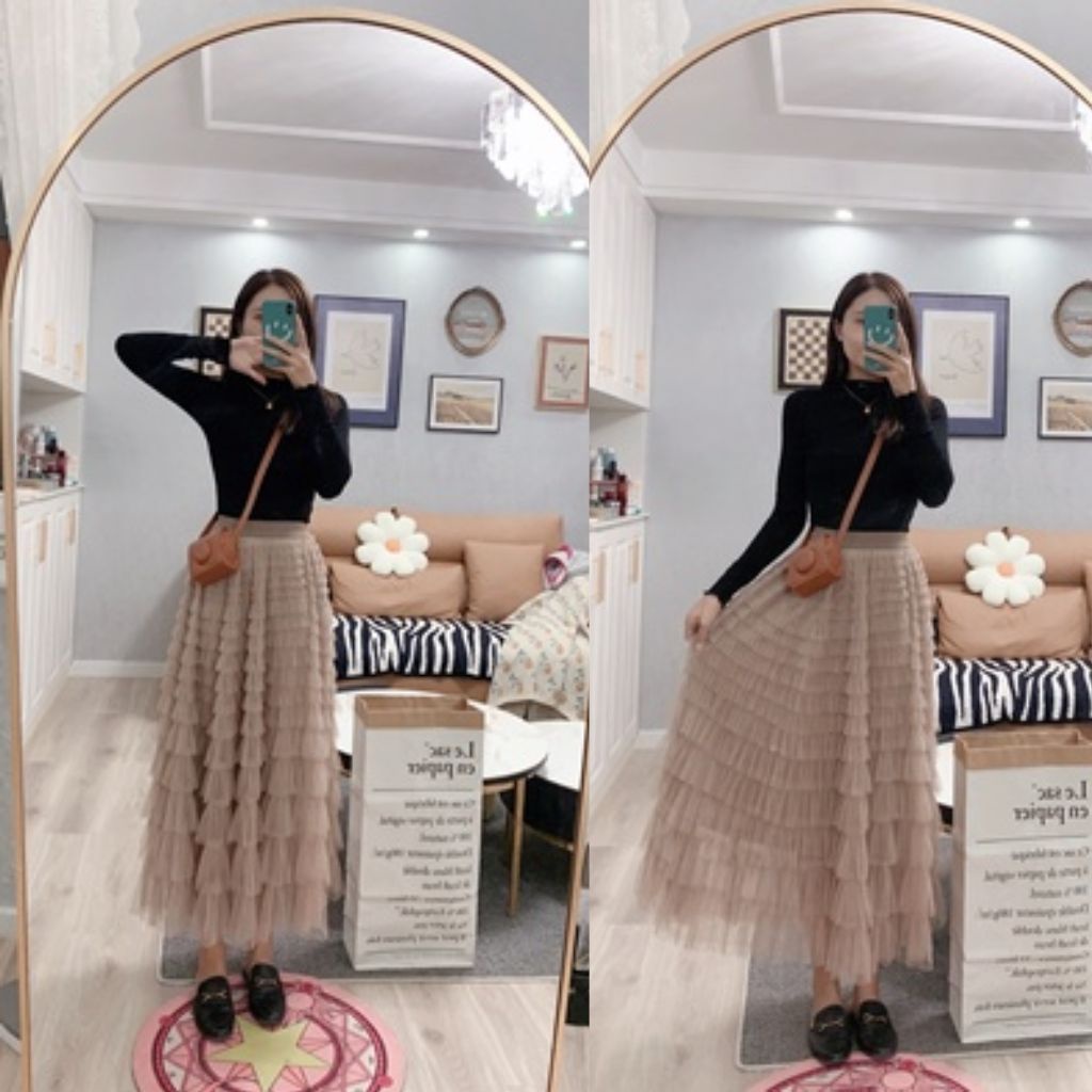 Chân váy lưới dài nhiều tầng, chân váy dáng dài cạp chun dễ mặc hàng cao cấp loại 1 order Taobao nhà Oanhdilys
