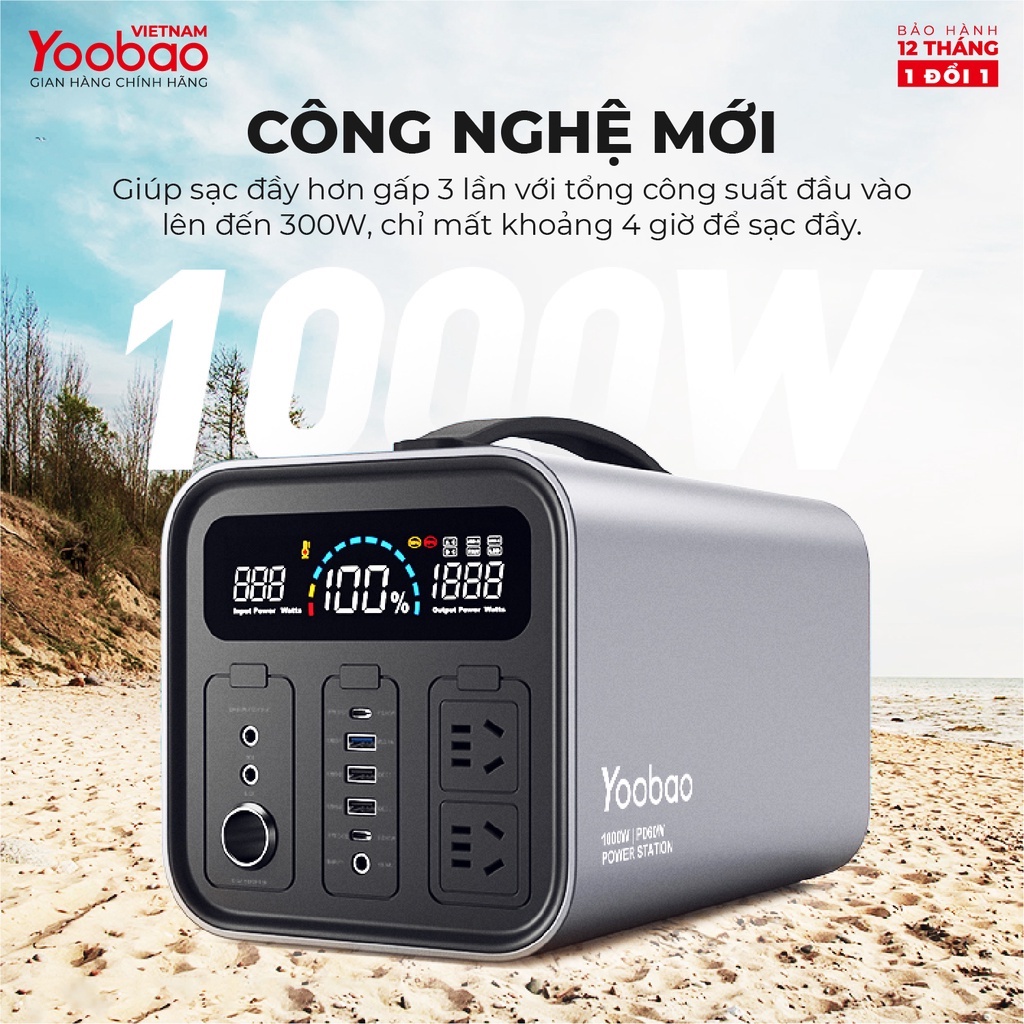 Trạm sạc dự phòng Yoobao EN1000S dung lượng 280800mAh, sạc nhanh PD60W 220V/1000W, màn hình LED Tích hợp đèn pin