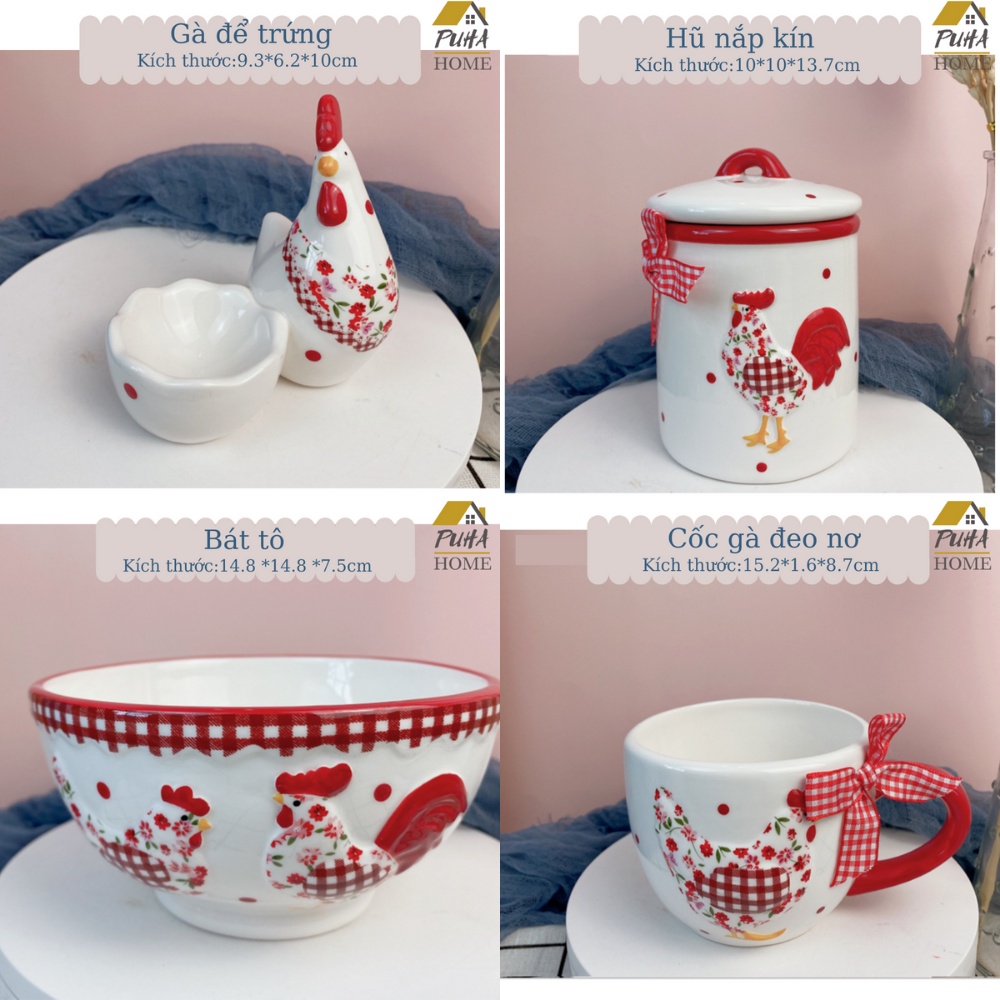 Bộ bát đĩa sứ hình gà đeo nơ để bàn ăn xinh xắn, độc đáo