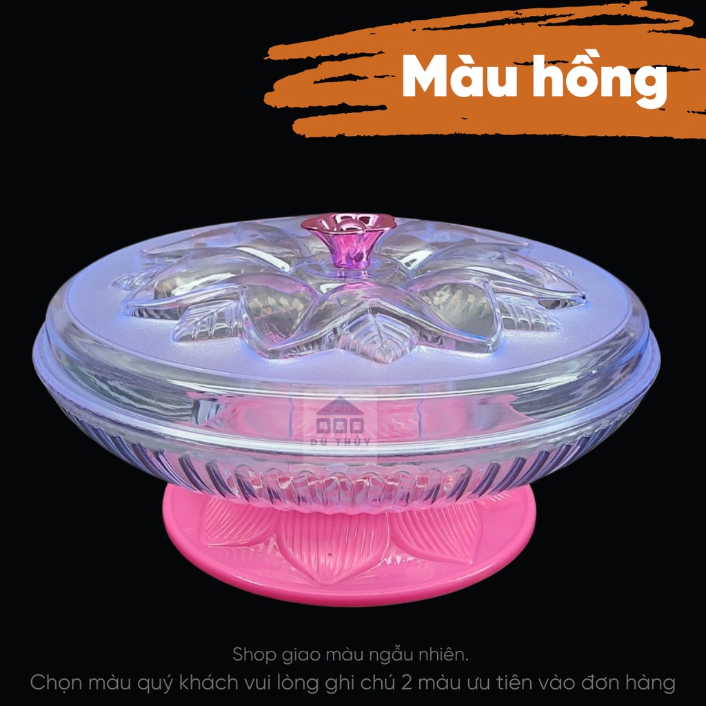 Hộp mứt tết mai trắng đường kính 26 x cao 9 cm nhựa arcylic cao cấp có đế xoay tiện lợi, nhiều ngăn đựng, nhiều màu sắc