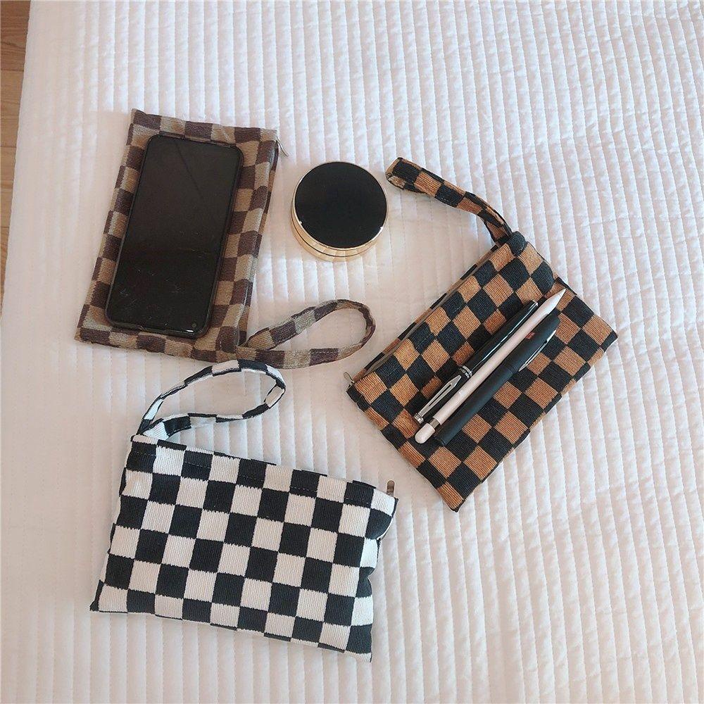 OCEANMAP Túi Đựng Đồ Trang Điểm Họa Tiết Sọc Caro Xinh Xắn Ốp