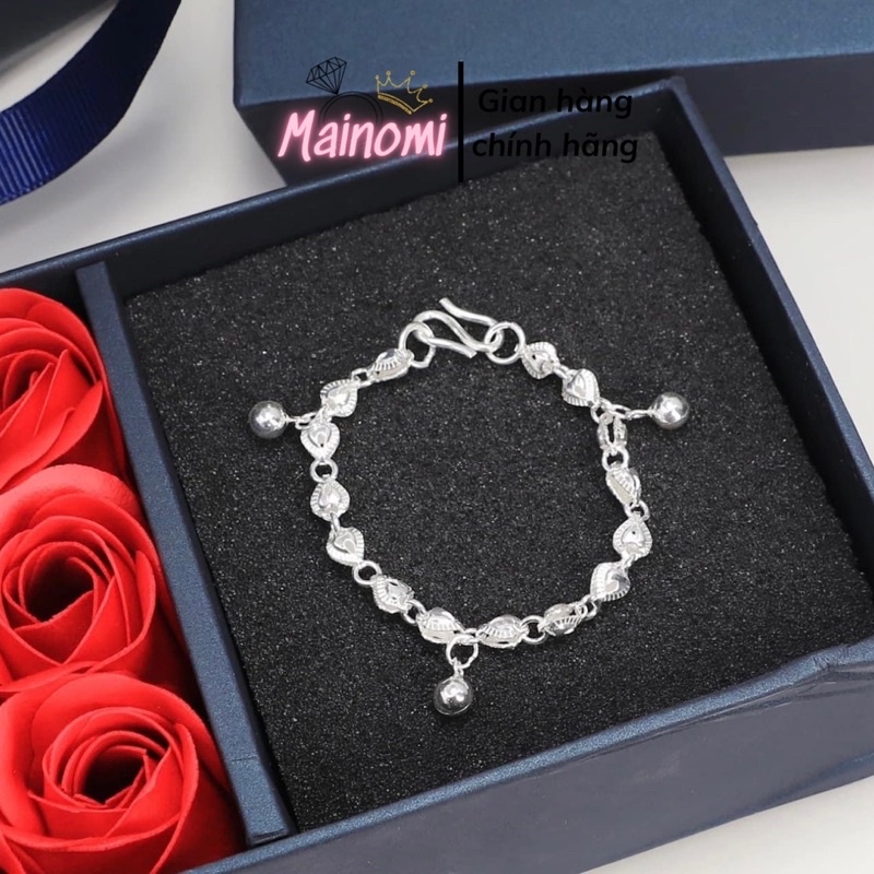 Lắc tay bạc ta chuẩn cho bé, dây mắt tim mix chuông đặc không kêu Mainomi Shop Bạc Xinh
