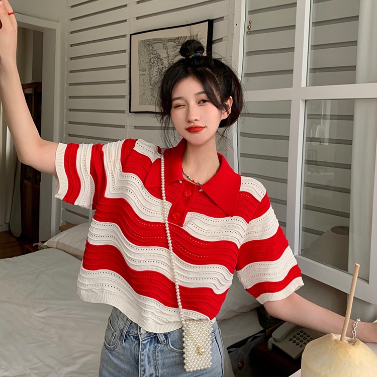 Áo thun polo ZHELIHANGFEI vải dệt kim tay ngắn họa tiết kẻ sọc màu sắc tương phản cá tính