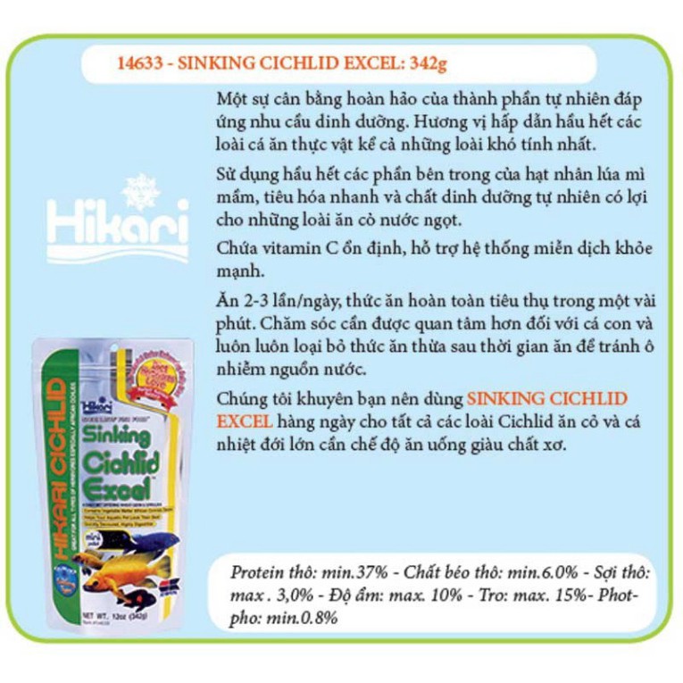 Thức ăn cá ali Hikari Cichlid Sinking Cichlid Excel (hạt chìm) - Cám cá ali giàu dinh dưỡng