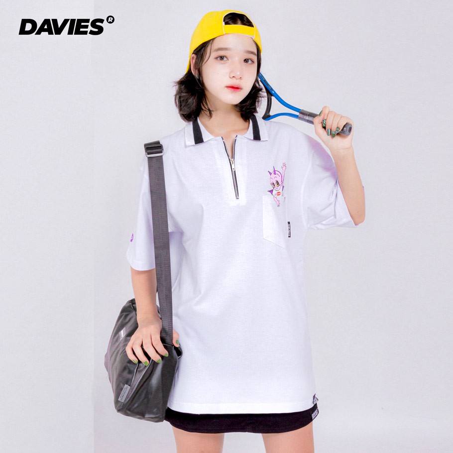 Áo polo nữ form rộng tay lỡ màu trắng DAVIES Devil Say Hi local brand DAVIES