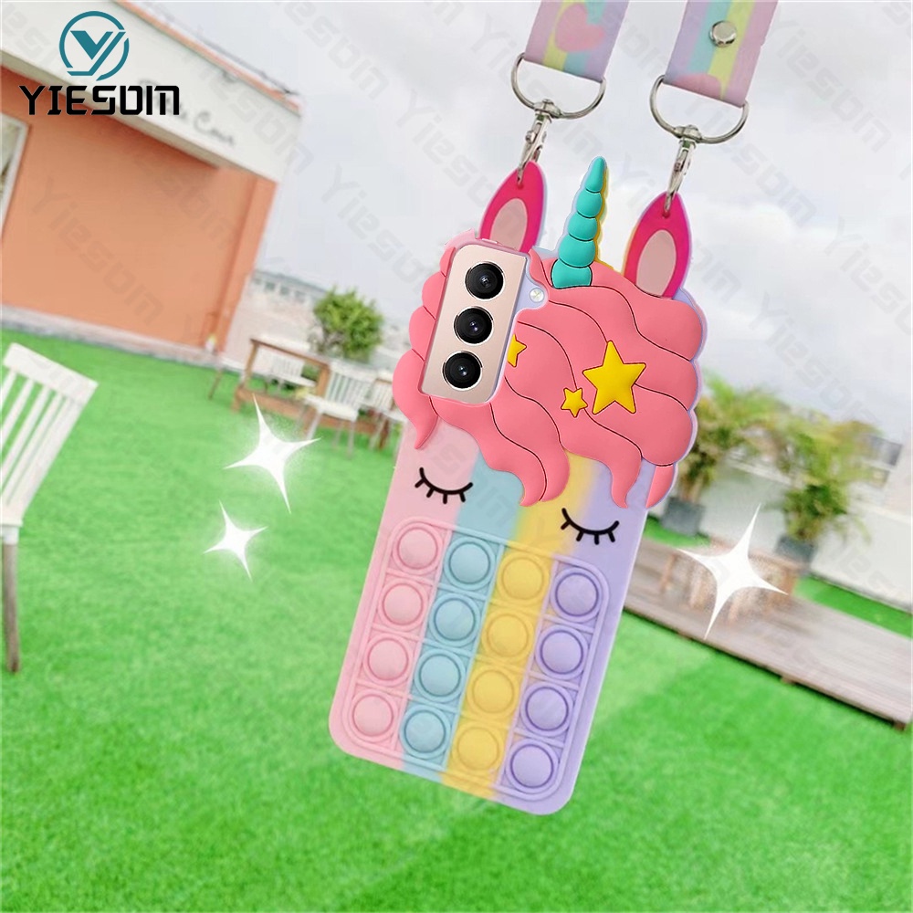 Ốp Điện Thoại Hình Kỳ Lân Cầu Vồng Kèm Dây Đeo Cho Samsung Galaxy S21 Ultra S21FE S20 S10 S9 Plus Note 20 10 Plus