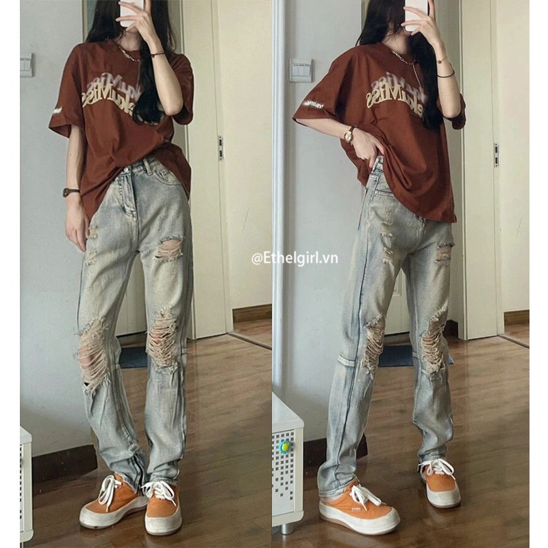 Quần jeans Nữ Dài Lưng Cao Mài Rách Thời Trang Hàn