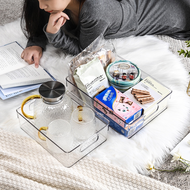 Khay nhựa đựng đồ đa năng trong suốt có tay cầm không nắp tiện lợi hộp đựng tủ lạnh nhà bếp mỹ phẩm nhà tắm