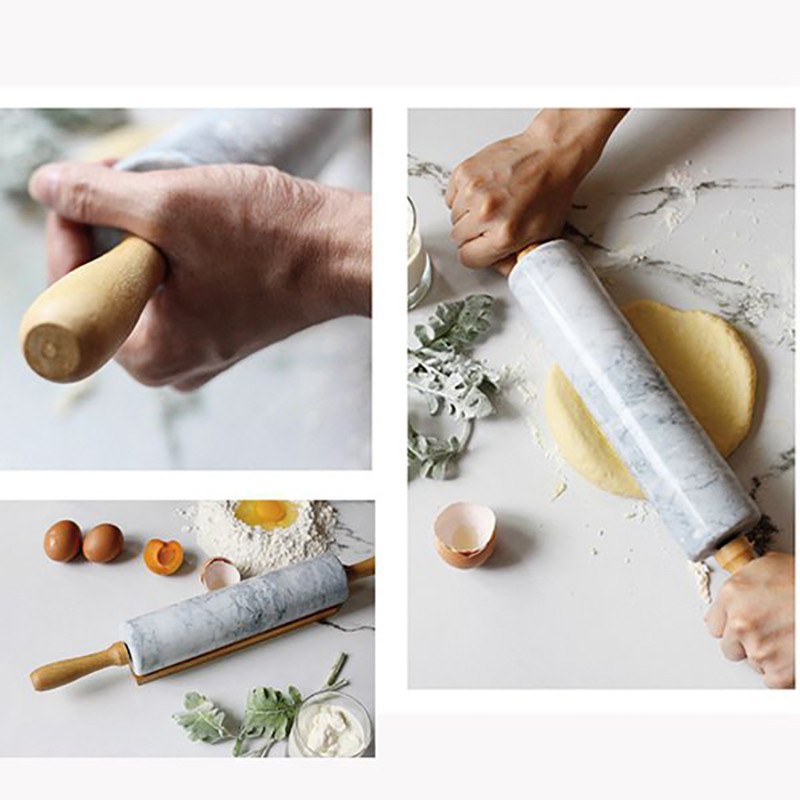 18 Inch Deluxe Marble Rolling Pin with Wood Handles,Baking and Pastry Utensils-Gray(Without Base)