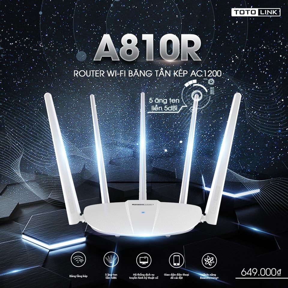 Router wifi Totolink A810R chuẩn N tốc độ 300Mbps - 5 Anten Model: A810R (Hãng phân phối chính thức)