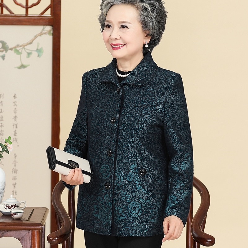 Áo khoác dạ lót lông cho người già hoạ tiết sang trọng