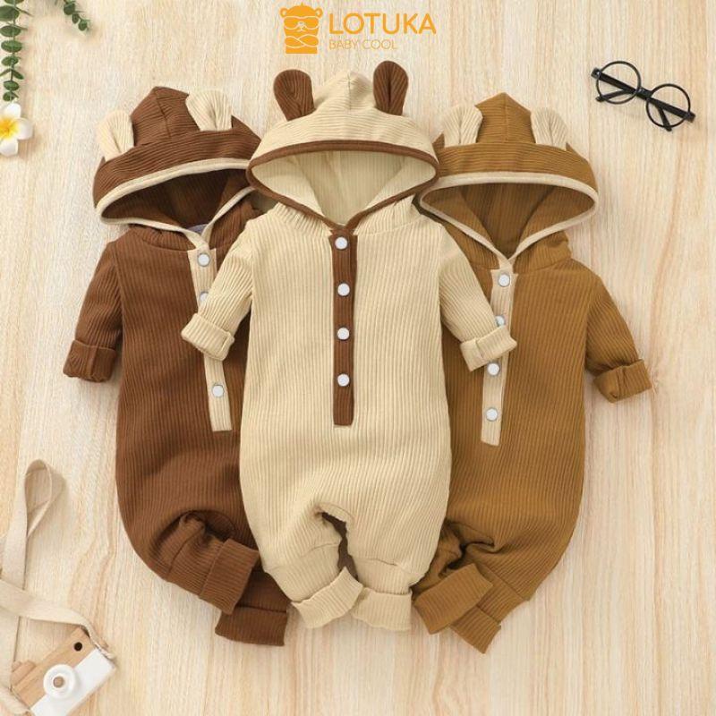 Áo Liền Quần Bé Gái, Bé Trai Sơ Sinh LOTUKA Chất Len Tăm, Bodysuit Có Mũ Cho Bé 3-12kg