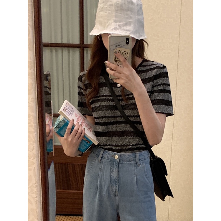 Áo Dệt Kim Ngắn Tay Cổ Tròn Họa Tiết Kẻ Sọc Thời Trang Mùa Hè Hàn Quốc