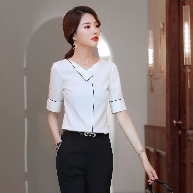 Áo Sơ Mi Nữ Ngắn Tay Màu Trắng  Kiểu Cổ Đáp Viền Đen SM176 - Hàng VNXK - Candy Fashion