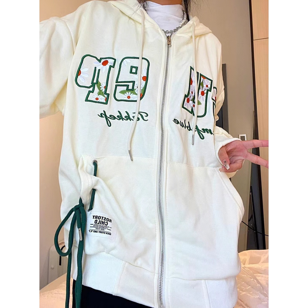 ZHELIHANGFEI Áo sơ mi hở có mũ trùm đầu in chữ thời trang trường đại học lỏng lẻo