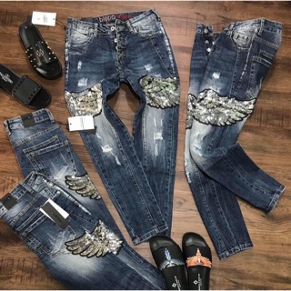 Quần bò nan dsq thêu cánh én ống côn chất co dãn hàng spf.