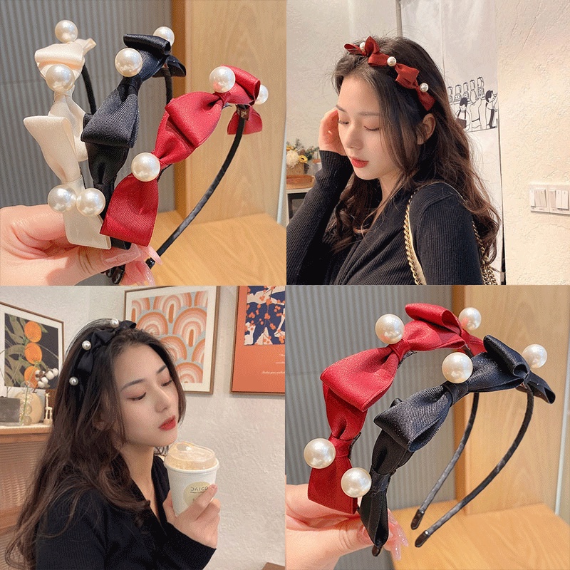 Băng đô đính nơ và ngọc trai giả phong cách Hàn Quốc