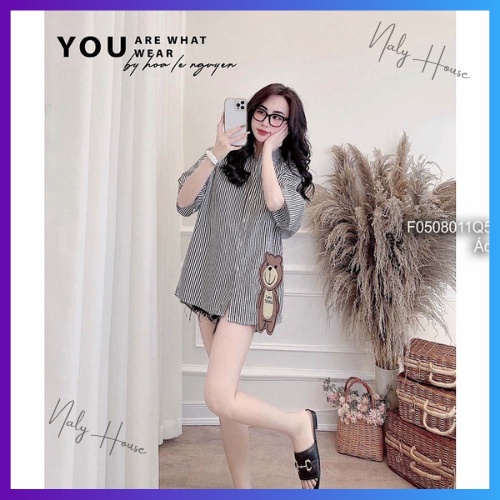 Áo Sơ Mi Nữ Ngắn Tay Kẻ Sọc Hình Gấu Dễ Thương Form Oversize Dáng Rộng
