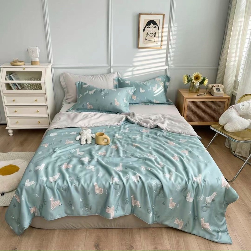 Bộ chăn ga gối lụa tencel chăn trần hè, bộ lụa hàng cao cấp nhất hàng chất lượng - Mẫu cừu dolly