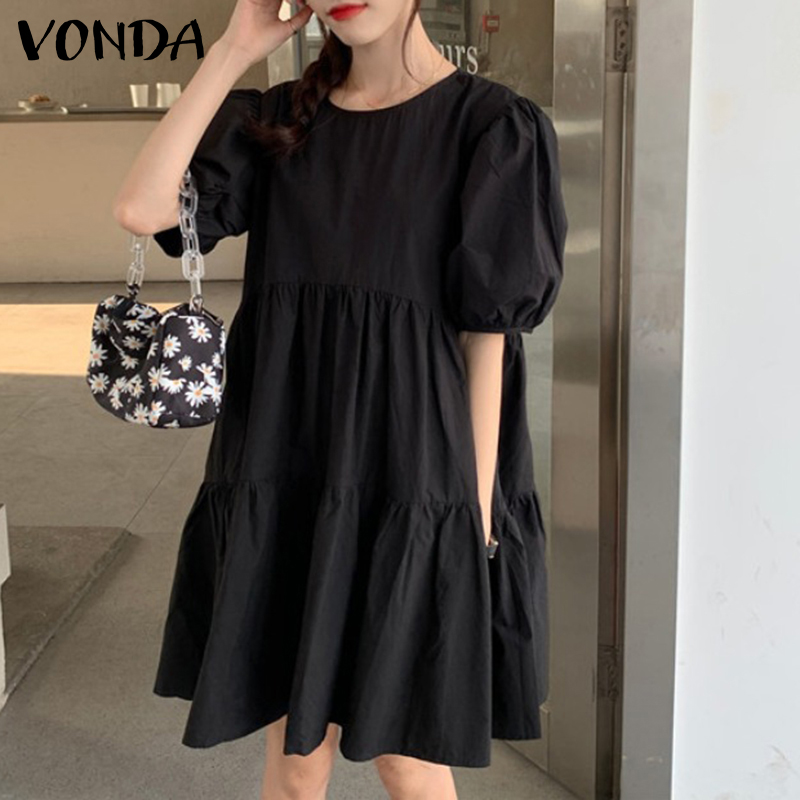 VONDA Women Casual Korean Short Sleeve Round Neck Loose Plain Pleated Short Dress