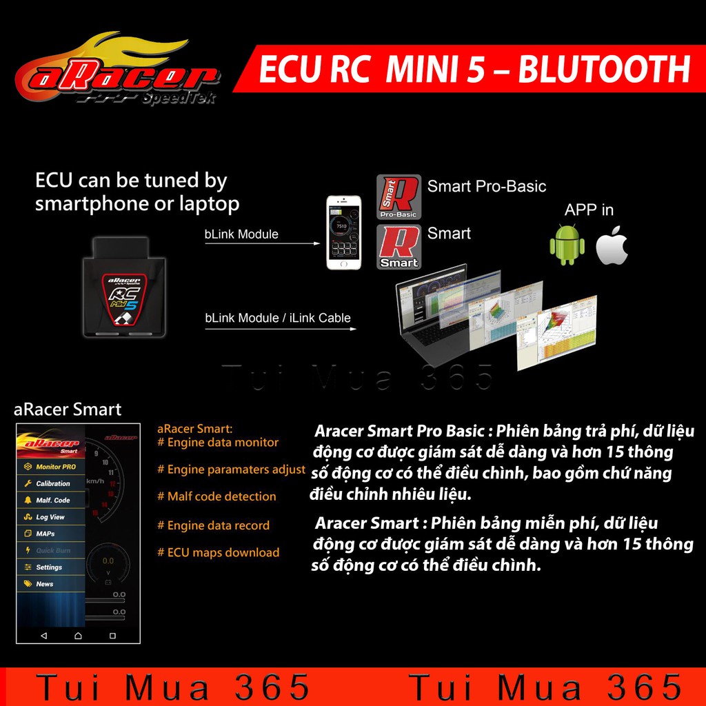 ECU ARACER MINI 5 Blutooth Cconection Tuning cho EXCITER 150, WINNER, SONIC, RAIDER, CBR150, CBR250