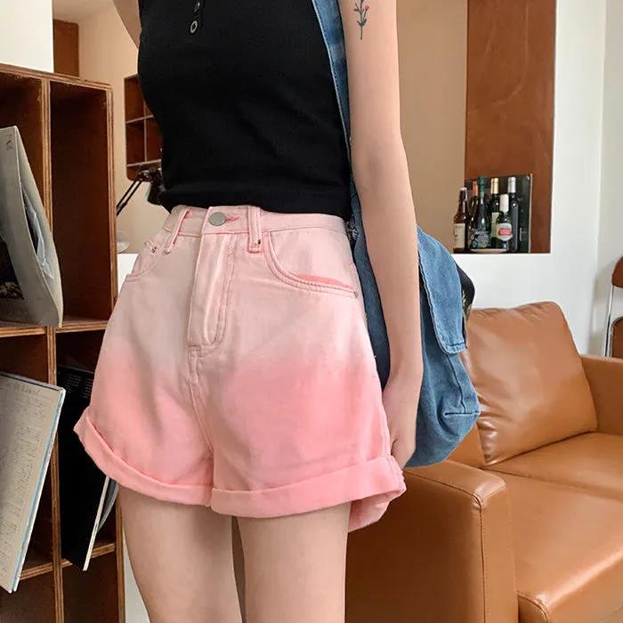 Quần Short Denim Màu Hồng Gradient Lưng Cao Dáng Ôm Dễ Phối Đồ Thời Trang Mùa Hè Mới Cho Nữ