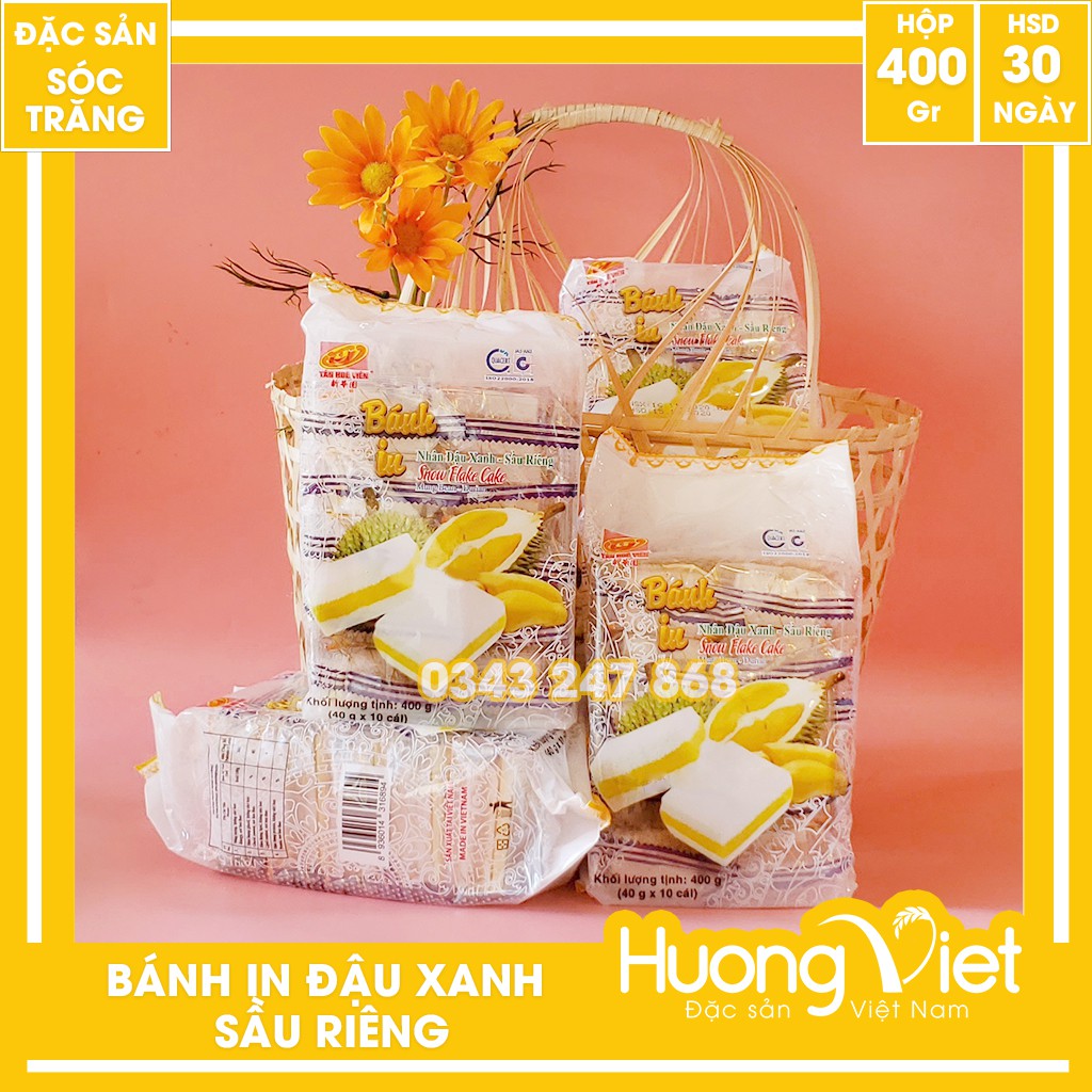 Bánh in đậu xanh sầu riêng Tân Huê Viên túi 10 bánh 400g, đặc sản bánh in Sóc Trăng nhân đậu xanh, sầu riêng