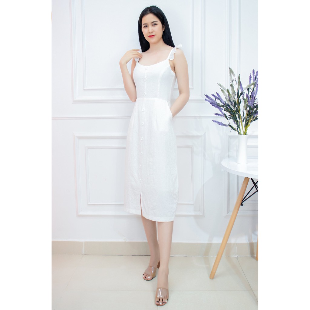Đầm nữ Trắng Suông Dang A vải Linen cao cấp 2 lớp - Váy 2 Dây kết nút Thiết Kế Dự Tiệc -AMYRA DA060